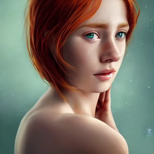 Prompt: a highly detailed, hyper realistic, red haired young woman, with long hair, green eyes, hint of freckles, gentle face, cheeky smile, among golden fireflies, deep focus, elegant, digital painting, smooth, sharp focus, golden ratio, illustration, ultra realistic, 8 k, art by artgerm and caravaggio