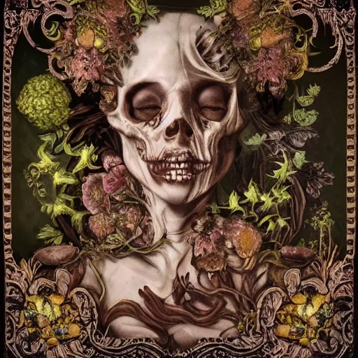 Image similar to a beautiful detailed front view baroque portrait of a rotten woman corpse becoming almost a skull with fractal plants and fractal flowers and mushrooms growing around, intricate, ornate, volumetric light, beautiful lit, polaroid photography