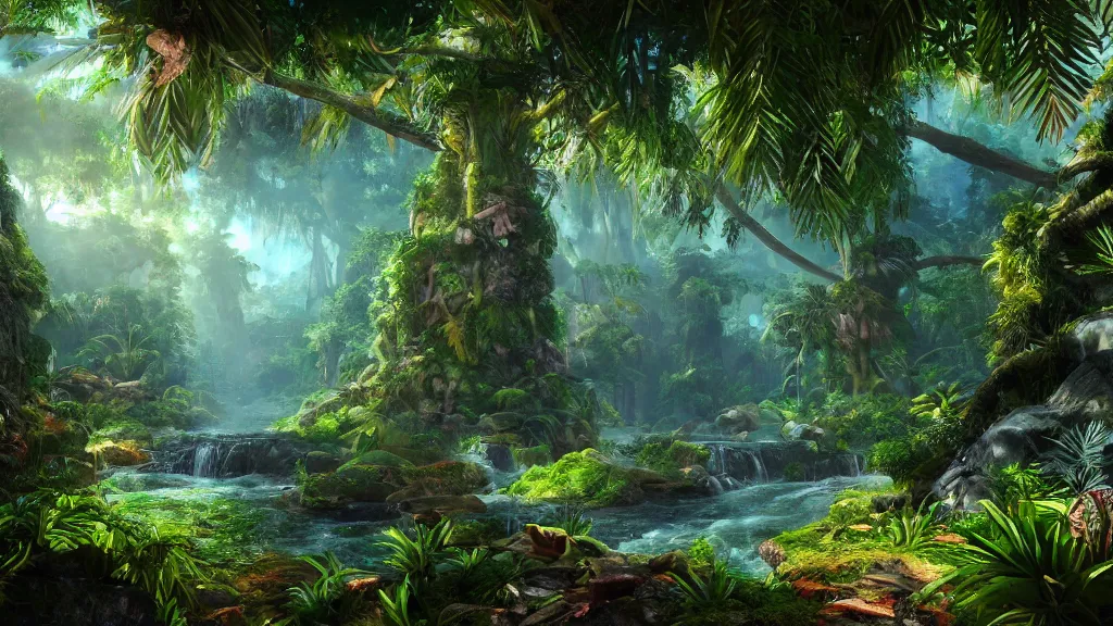 Image similar to tropical forest, fantasy artwork, very very very beautiful scenery, hd, hdr, ue5, ue6, unreal engine 5, cinematic 4k wallpaper, 8k, ultra detailed, high resolution, artstation, award winning