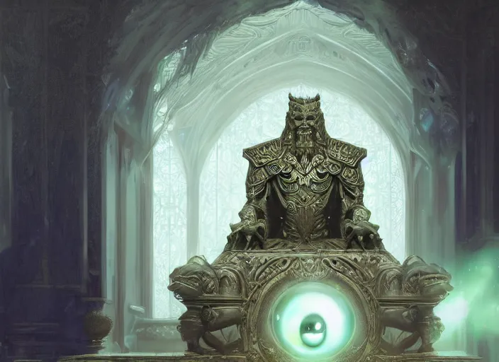 Image similar to wide view picture of a lord of materialization sitting on the throne, centred focus, lighting eyes, magic and fantasy, floating white cubes, highly detailed face, specular reflection, occlusion shadow, intricate, masterpiece, by ilya kuvshinov and jeremy lipking and quentin mabille