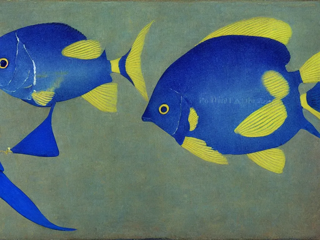 Image similar to close up exotic blue - faced angelfish fish at night with delicate woman hands. lapis lazuli, malachite, cinnabar, gold. painting by piero della francesca, balthus, agnes pelton