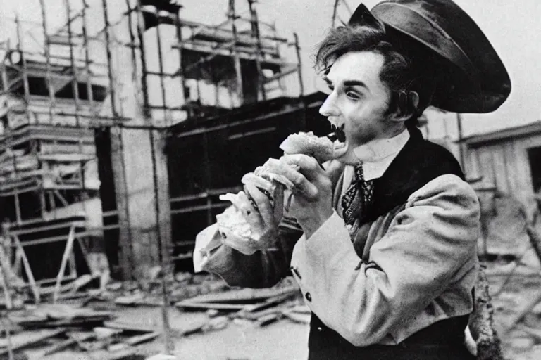 Prompt: dracula eating a bologna sandwich on a construction site 1 9 4 0 s