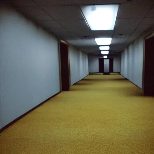 Image similar to flash low quality photograph of the backrooms, mustard - yellow old moldy moist carpet room, empty liminal space, very dark shadows, broken fluorescent lighting, horror movie scene, film grain