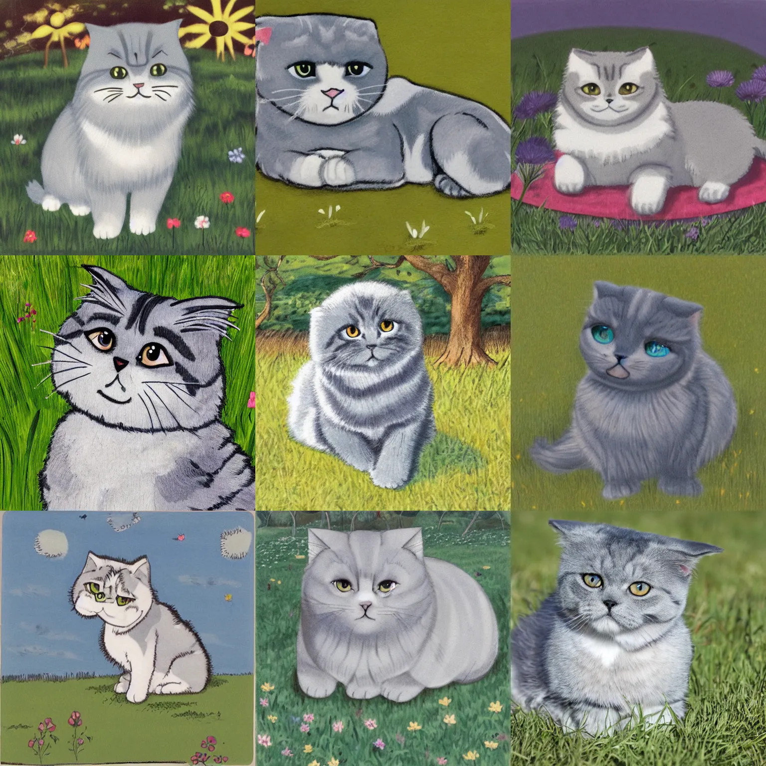 Prompt: a gray scottish fold sitting in the middle of sunny meadow, by rumiko takahashi