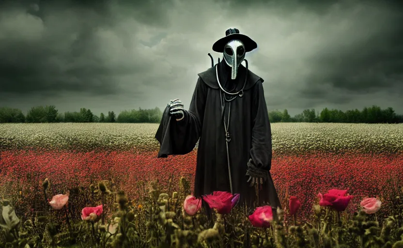 Prompt: a extremely disturbing old forgotten horror photograph of a plague doctor in a field of flowers, hyperrealism, sharp focus, highly detailed, horror cgi 4 k, matte, octane render, cinematography, photo by professional photographer