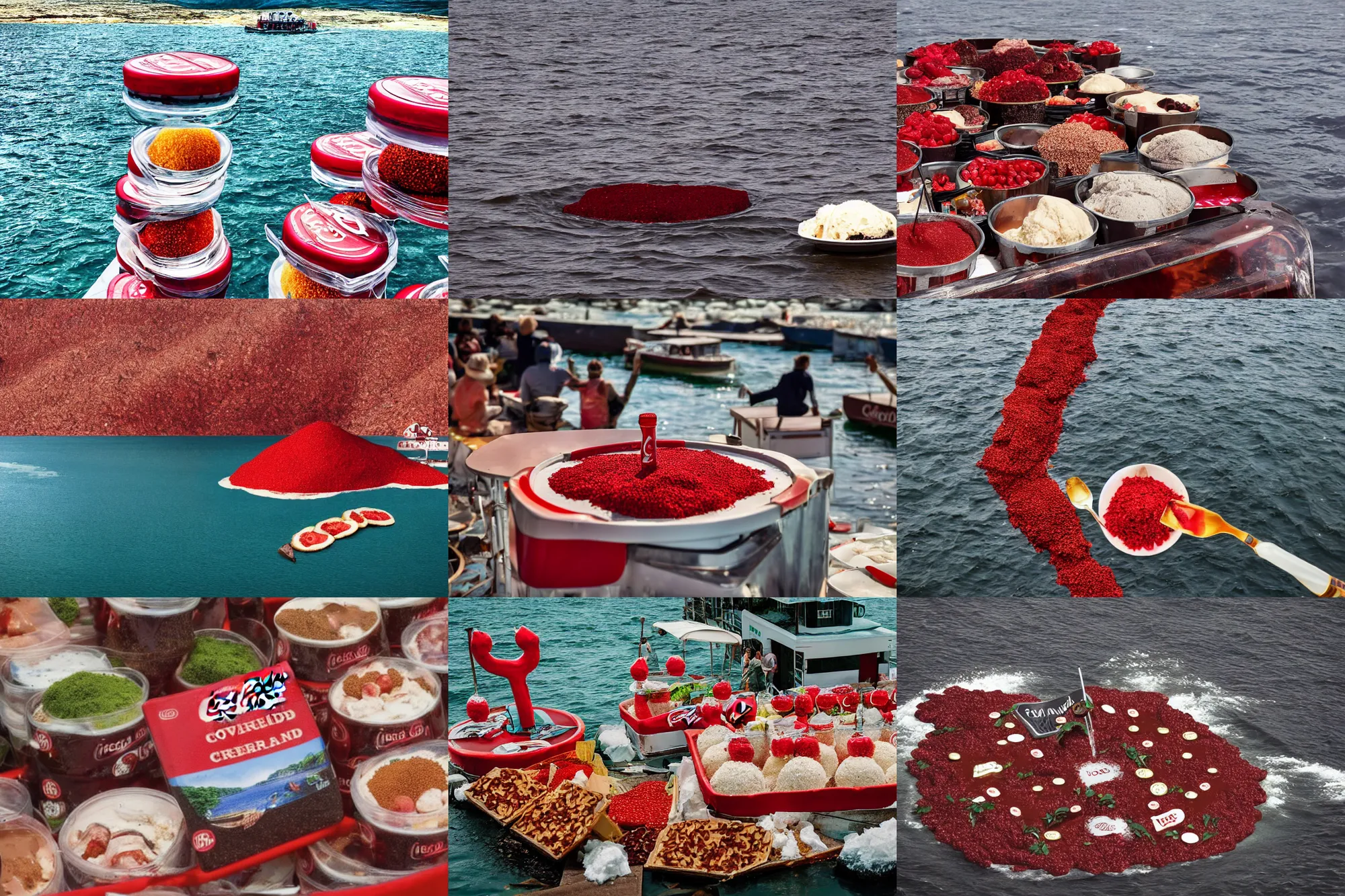 Image similar to an island made of food, around the island instead of water coca - cola ( dark brown ), instead of sand red caviar, instead of mountains ice cream with cherries, photo taken from a boat, 3 5 mm, cinematic