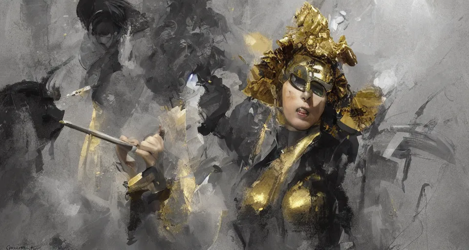 Prompt: craig mullins and ghibli digital art of on the stage, masked female violinists, exotic costumes, gold jewelry, black hair, solo performance realistic shading, cinematic composition, realistic render, octane render, detailed textures, photorealistic, wide shot