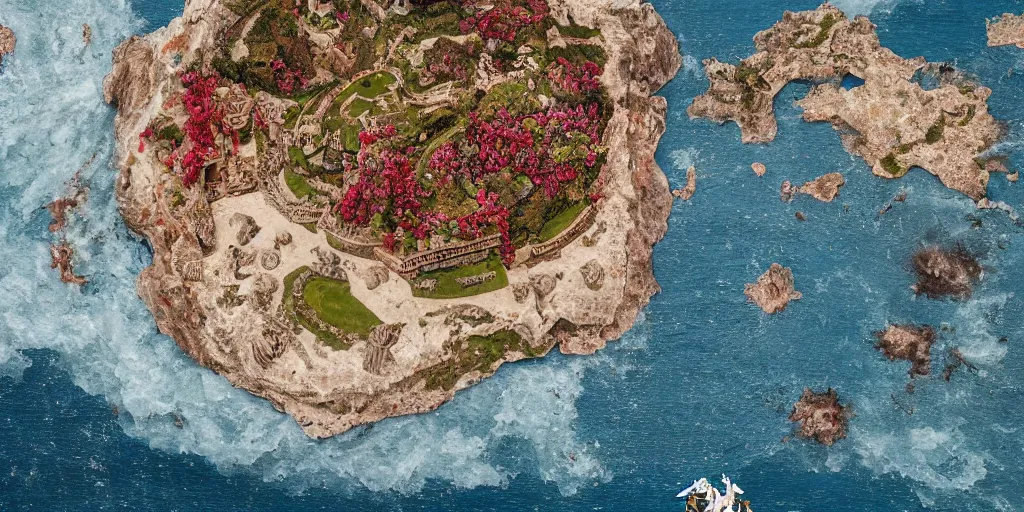 Prompt: tilt shift, drone view, gulf, gulf of Naples, Pompeian, Athene, whale, narval, poseidon, naval battle, italian masterpiece, wind, sky in background, wind rose, Ashford Black Marble, sculpture, baroque, draped with red Hibiscus and vines and spines, puffy clouds, suns, moons, drapes, armour, medieval globe, glass, portrait, siren, lion, chariot, nautilus, pinecone, render, artstation, ultra detailed