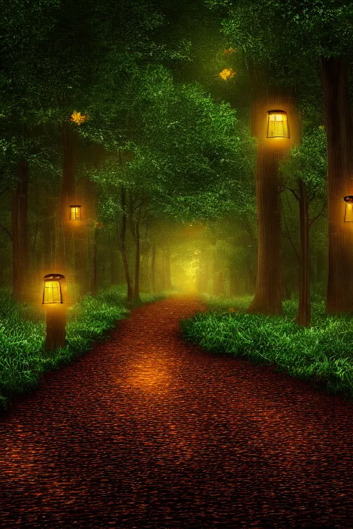 Image similar to a beautiful digital glossy clear sharp of a detailed antasy fireflies forest trees roots mushrooms fireflies moonlight and iron gate cobblestone pathway vines ground fog by james gurney, 8 k resolution trending on artstation