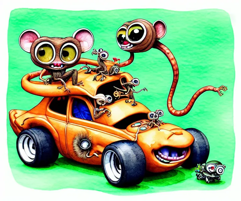 Prompt: cute and funny, tarsier driving a tiny hot rod with an oversized engine, ratfink style by ed roth, centered award winning watercolor pen illustration, isometric illustration by chihiro iwasaki, edited by craola, tiny details by artgerm and watercolor girl, symmetrically isometrically centered