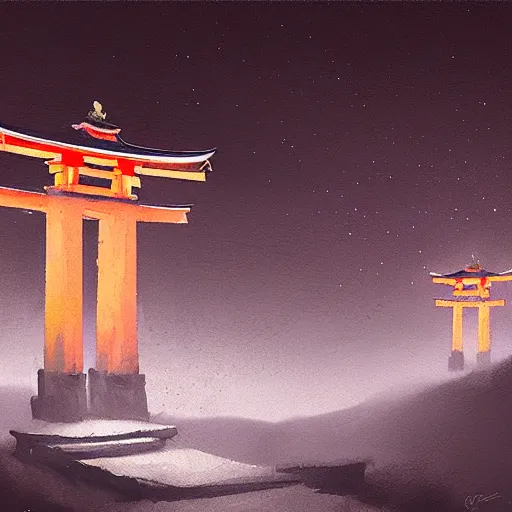 Prompt: Japanese Torii in a moutain ,night , by Grzegorz Rutkowski, concept art