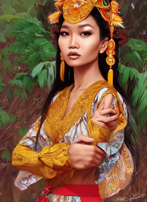 Image similar to portrait of an indonesian supermodels wearing traditional costume, highly detailed, digital painting, artstation, concept art, sharp focus, illustration, art by artgerm and james gurney and alphonse mucha