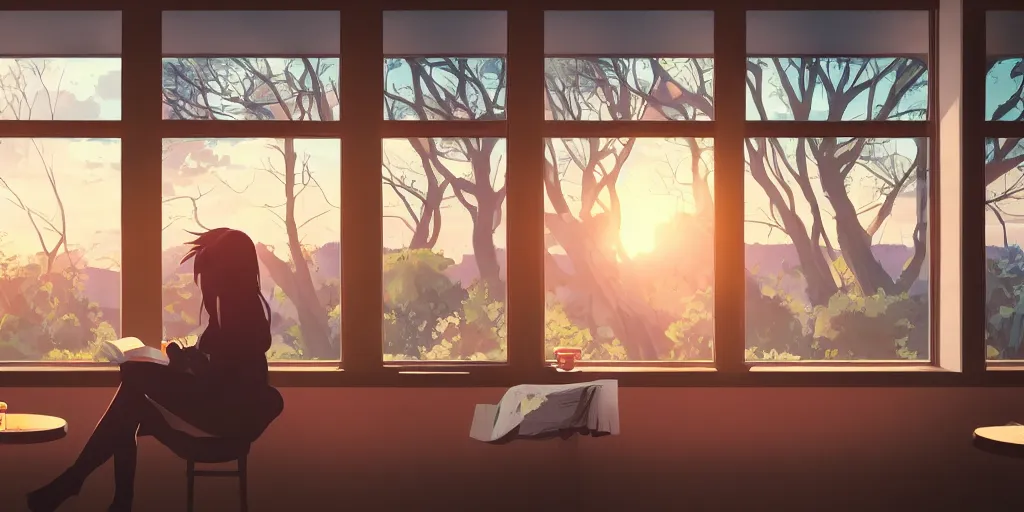 Prompt: Girl reading in a window seat in a coffee shop at sunset cinematic lighting, style by Makoto Shinkai