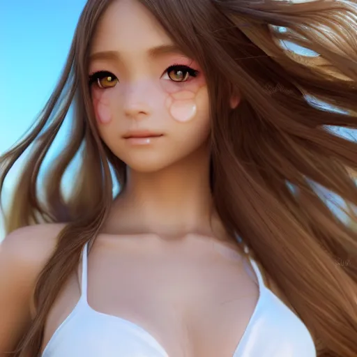 Image similar to Render of a very beautiful 3d anime girl, long pirple hair, hazel eyes, cute freckles, full round face, short smile, white bikini, golden hour, serene beach setting, medium shot, mid-shot, highly detailed, trending on Artstation, Unreal Engine 4k