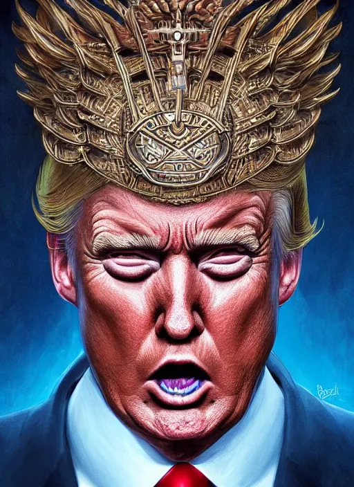 Prompt: digital _ painting _ of _ donald trump, mayan god of death _ by _ filipe _ pagliuso _ and _ justin _ gerard _ symmetric _ fantasy _ highly _ detailed _ realistic _ intricate _ port