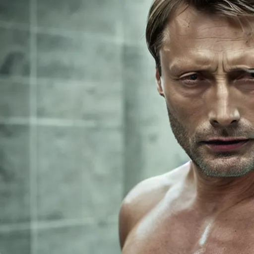 Image similar to a man who is a genetic combination of mads mikkelsen and jude law face and upper - body focus