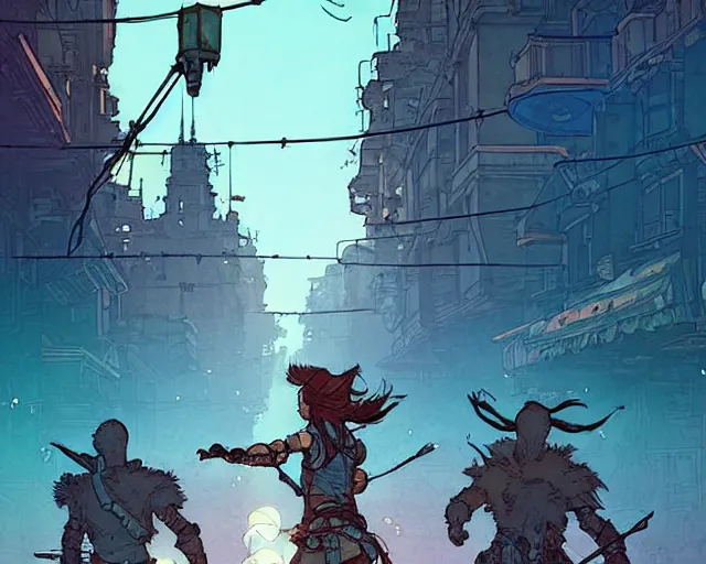 Image similar to Aloy of horizon zero dawn in a street with lamps, road, illustration, wide shot, subtle colors, post grunge, concept art by josan gonzales and wlop, by james jean, Victo ngai, David Rubín, Mike Mignola, Laurie Greasley, highly detailed, sharp focus, Trending on Artstation, HQ, deviantart, art by artgem