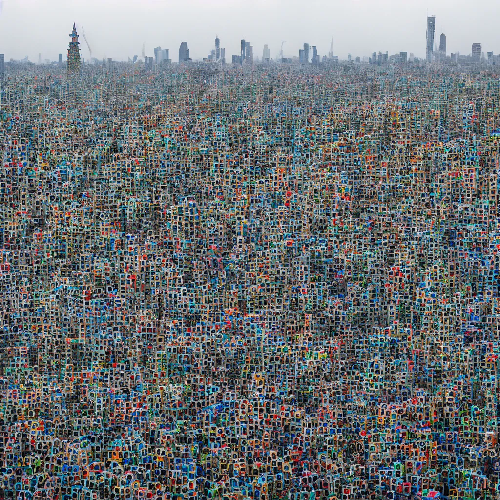 Prompt: a circular tower, made up of colourful makeshift squatter shacks in city downtown, dystopia, sony a 7 r 3, f 1 1, fully frontal view, ultra detailed, photographed by andreas gursky,