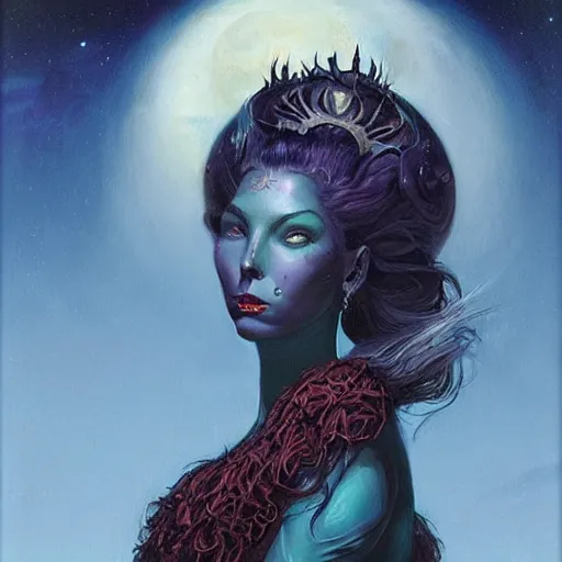 Image similar to portrait of princess of the dreamlands and moon beast, beautiful! coherent! by brom, deep colors, strong lines, high contrast