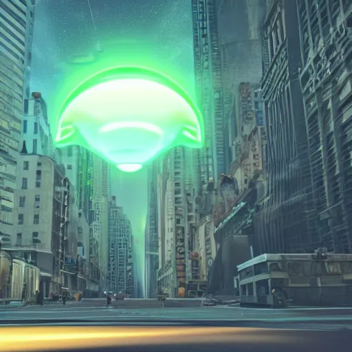 Image similar to photorealistic 3d render of a flying saucer flying over manhattan studio lighting, green background, in the style of pixar, highly detailed, sharp focus, bokeh, depth of field, 16k resolution, Unreal Engine 5, coherent, cinematic lighting, beautiful painting, from behind with halo effect