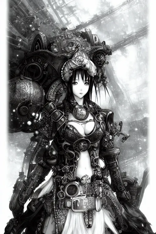 Image similar to a vertical portrait of a character in a scenic environment by Yoshitaka Amano, black and white, dreamy, steampunk armor, black hair, highly detailed