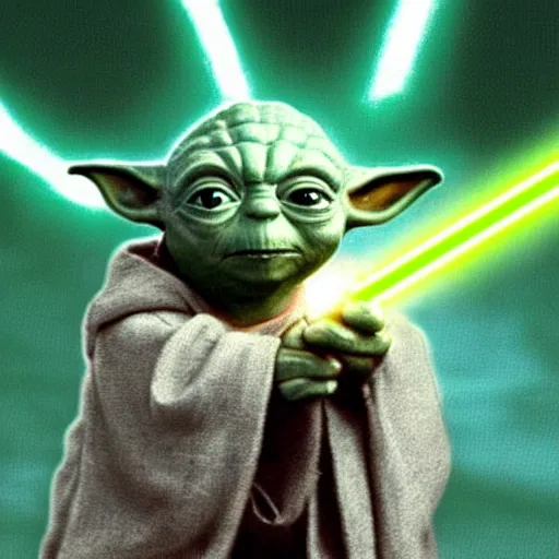 Prompt: yoda holding a light saber next to darth vader background is the bridge of the starship enterprise.