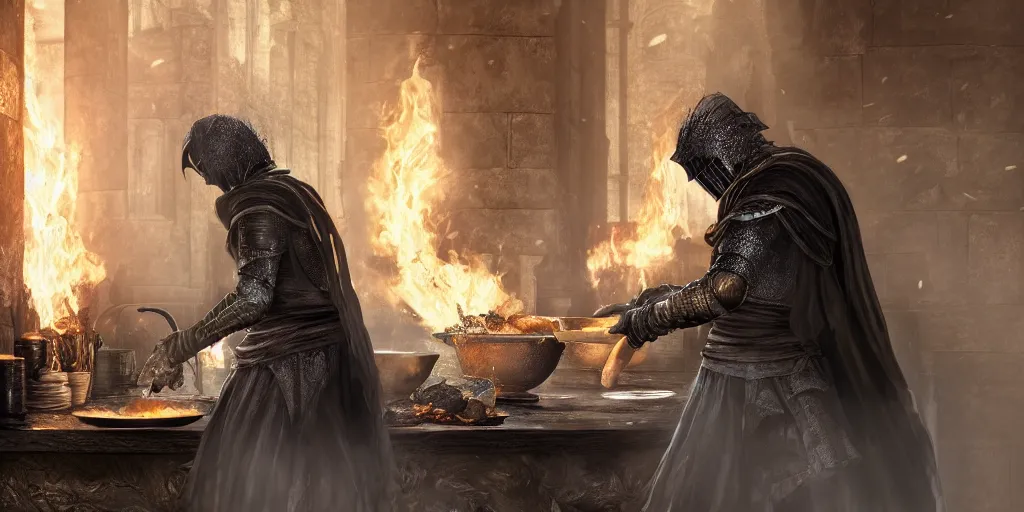 Image similar to The Firekeeper of Dark Souls 3 washing dishes in a traditional kitchen setting, digital art, 4K, ultra-realistic