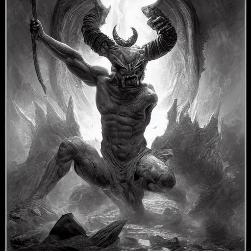 Image similar to full body, grayscale, muscled humanoid balrog demon, horns, claws, large horned tail, heroic pose, flames, fire, tarot, Gustave Dore, Greg Rutkowski,