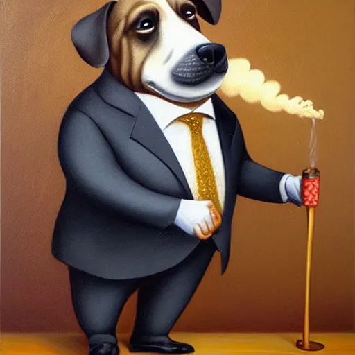 Prompt: anthropomorphic fat dog wearing a suit and smoking a cigar, oil painting, masterpiece, very detailed, realistic