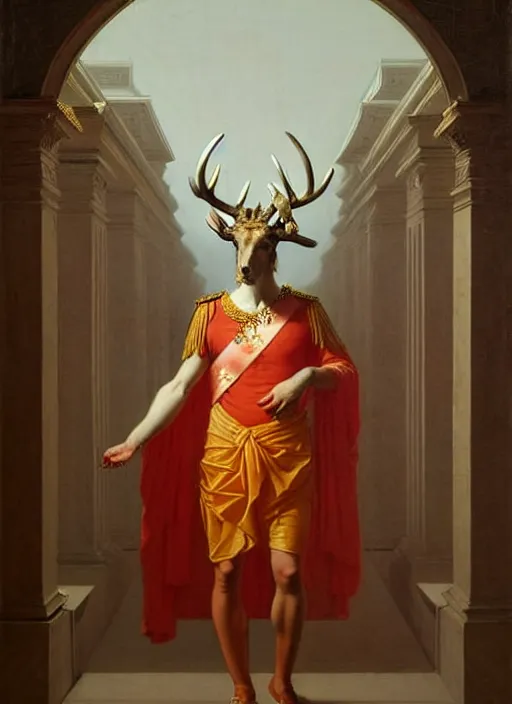 Prompt: neoclassical portrait of a prince wearing an elks head and royal clothes in his temple, by jacques - louis david, by greg rutkowski, by zdzisław beksinski, by josep tapiro baro, trending on artstation, featured on pixiv, masterpiece, oil on canvas, cinematic composition, dynamic beautiful lighting,