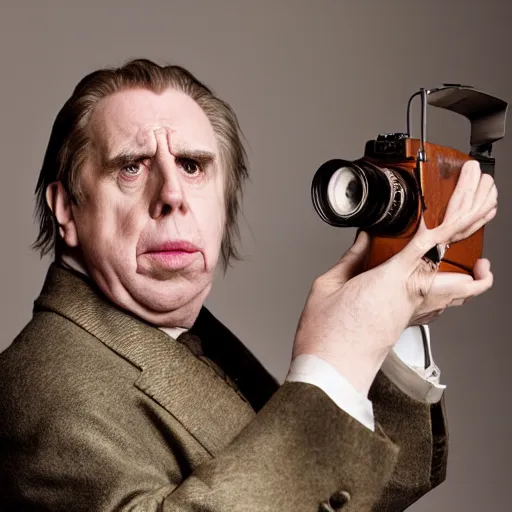 Image similar to Timothy Spall as Simon Graham (The Last Samurai) holding an old-fashioned camera from the 1800's, studio photograph