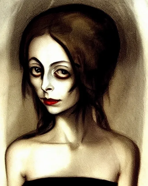 Prompt: style of henry fuseli : : gorgeous willa holland : : evil witch, swirling black magic, black dress : : symmetrical face, symmetrical eyes : : full body pose : : gorgeous black hair : : magic lighting, low spacial lighting : :