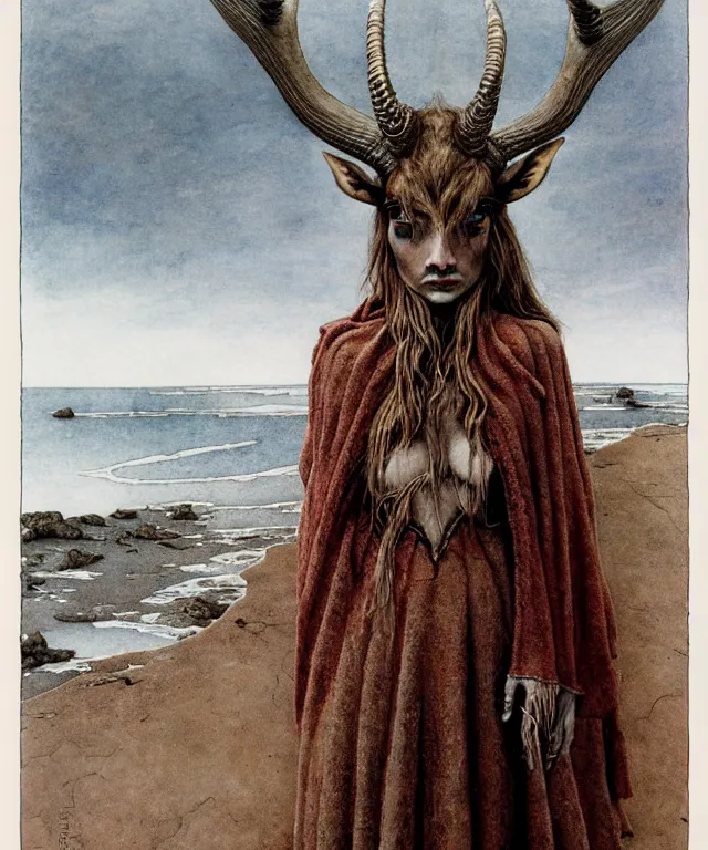 Image similar to A detailed horned antelopewoman stands by the sea. Wearing a ripped mantle, robe, many rings on the hands. Hooves, perfect faces, symmetrical, extremely high details, realistic, fantasy art, solo, masterpiece, art by Zdzisław Beksiński, Arthur Rackham, Dariusz Zawadzki