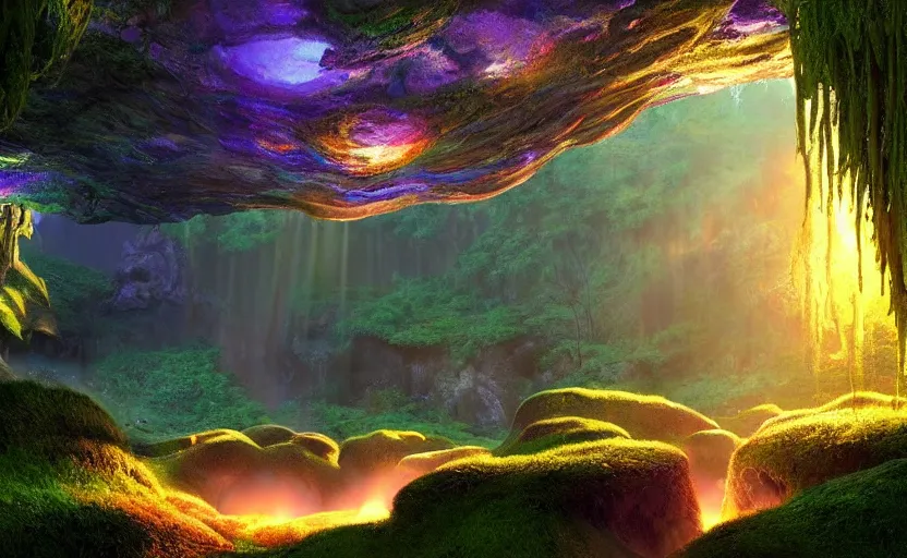Prompt: a beautiful and stunning professional digital artwork of a humongous glowing mushroom cave, haze, waterfall, volumetric lighting, hyperrealistic, green, blue, sunset, unreal engine 5, ultra detail