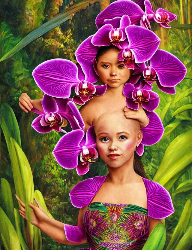 Image similar to plump aztec scifi queen of the orchid rainforest, wearing a lovely dress. this oil painting by the award - winning children's book author has an interesting color scheme, plenty of details and impeccable lighting.