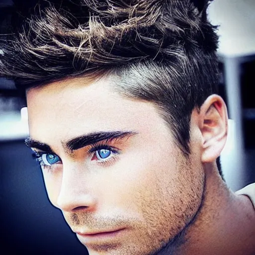 Image similar to “a realistic detailed photo of a guy who is an attractive humanoid who is half robot and half humanoid, who is a male android, Zac Efron, shiny skin”