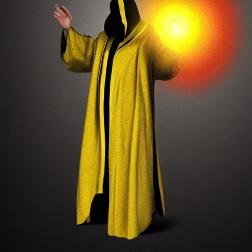 Image similar to award - winning. trending on artstation. cinematic. expressive. a faceless man wearing layered yellow robes while a black hole floats behind them. dark background.