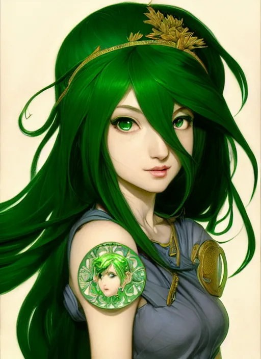 Prompt: portrait from left, head and body only, palutena, green hair, concept art, digital illustration, by rossdraws, frank franzzeta, intricate, masterpiece, elegant, hyper detailed, artstation, unreal engine rendered, concept art, smooth, sharp focus, illustration, art by artgerm and greg rutkowski and alphonse mucha and garis edelweiss