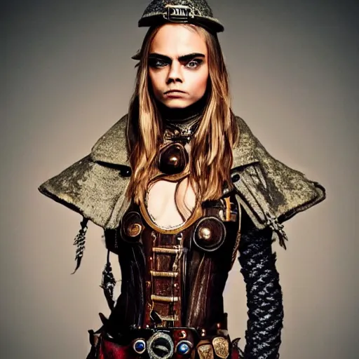 Prompt: full body photo of cara delevingne as a steampunk warrior