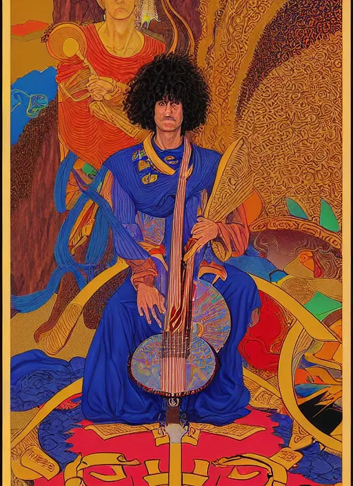 Image similar to an awesome jean giraud graphic art of pat metheny in the style of a renaissance masters portrait, mystical and new age symbolism and tibetan book of the dead imagery, intricately detailed, 4 k