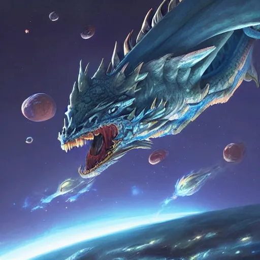 Prompt: Gigantic blue scaled dragon devouring an earth like planet while flying in space, European four-legged dragon, sun system, nebula, oil painting, by Fernanda Suarez and Edgar Maxence and Greg Rutkowski