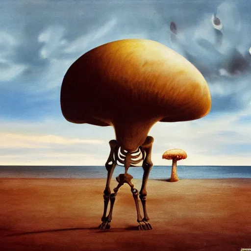 Image similar to a skeleton walking on a beach next to the ocean with nuclear bomb explosion in the background, a naturalism painting by Storm Thorgerson, featured on cg society, matte painting, realistic, chillwave, anatomically correct, light colors, photo-realistic huge mushroom-cloud in the distance