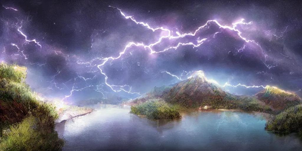 Image similar to digital art, trending on artstation, a mountainous landscape with a lake filled with stars at the bottom, with the sky full of clouds and storm