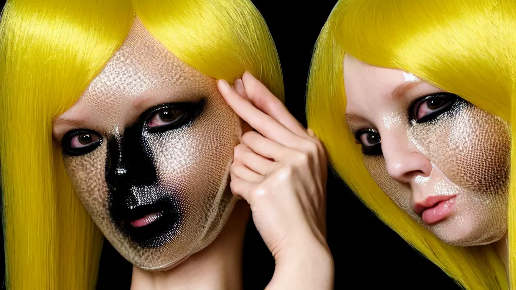 Prompt: symmetrical close - up portrait of a woman wearing a translucent silicone beauty mask and yellow hair, wearing a black bodysuit by alexander mcqueen, black background, soft diffused light, biotechnology, humanoide robot, bjork aesthetic, translucent, intricate details, highly detailed, masterpiece,
