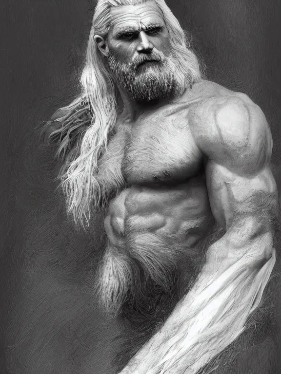 Prompt: painted portrait of rugged odin, god of war, norse god, white hair, masculine, mature, handsome, upper body, grey and silver, muscular, hairy torso, fantasy, intricate, muscular, elegant, hyper detailed, digital painting, artstation, concept art, smooth, sharp focus, illustration, art by gaston bussiere and alphonse mucha