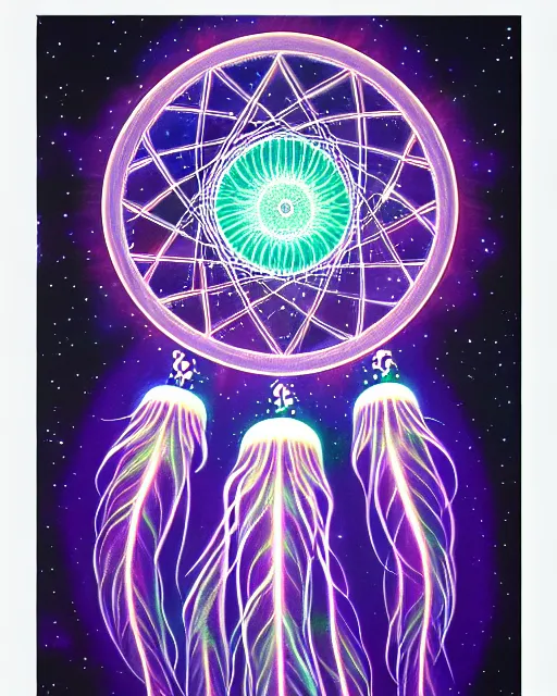 Image similar to detailed realistic dreamcatcher geometric glow painting a jellyfish emitting light in the cosmos by alex grey symmetry