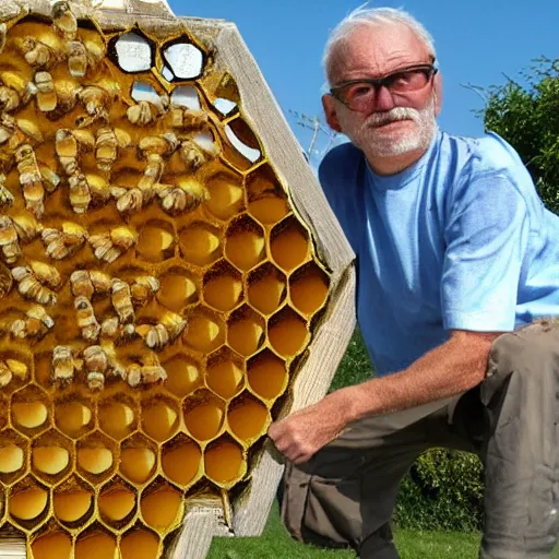 Image similar to an old man that looks like a honeycomb, bees in the background