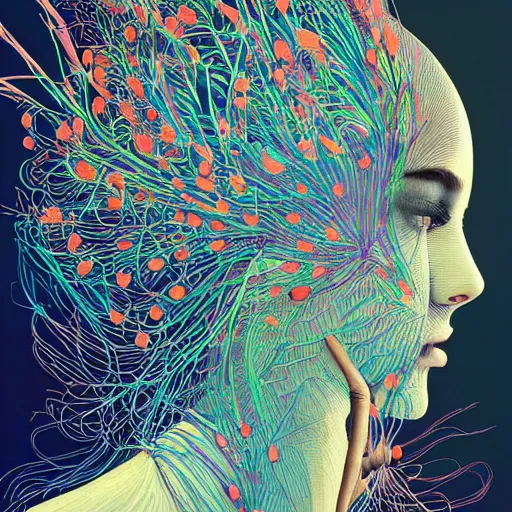 Prompt: the head of an incredibly beautiful and elegant woman partially made of carrots and blueberries, an ultrafine detailed illustration by james jean, final fantasy, intricate linework, bright colors, behance contest winner, vanitas, angular, altermodern, unreal engine 5 highly rendered, global illumination, radiant light, detailed and intricate environment