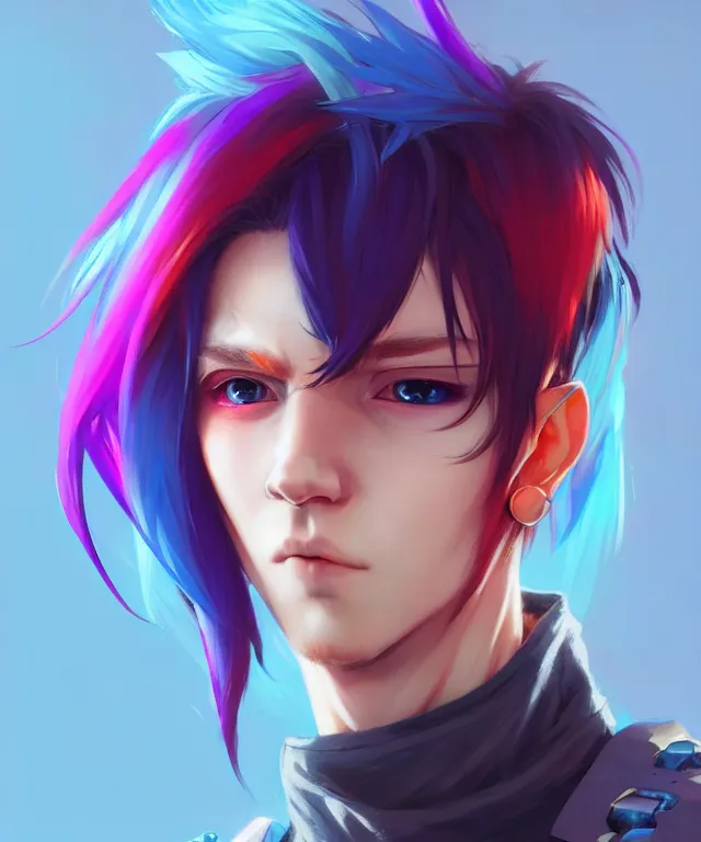 Image similar to character concept art of a cute cyberpunk boy with colorful hair and piercings | | cute - fine - face, pretty face, key visual, realistic shaded perfect face, fine details by stanley artgerm lau, wlop, rossdraws, james jean, andrei riabovitchev, marc simonetti, and sakimichan, trending on artstation