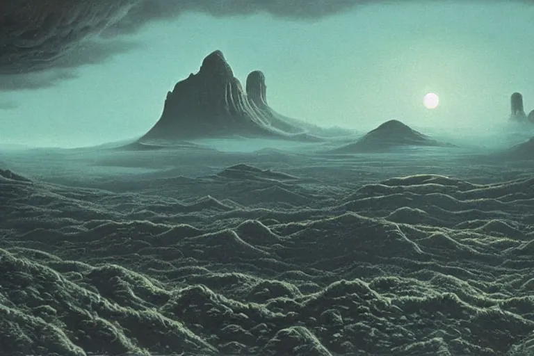 Image similar to strange breathtaking alien landscape, matte painting by david a. hardy, surreal, vivid colors